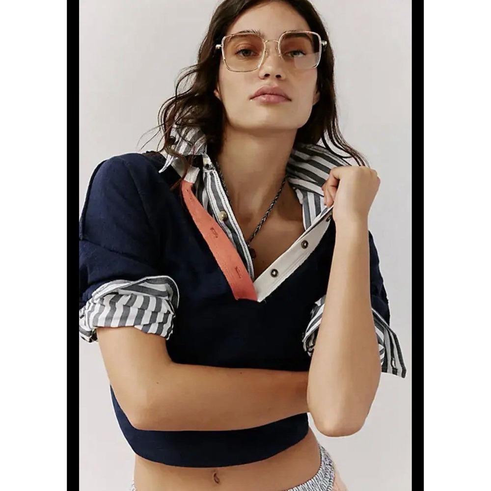 Free People We The Free Celeste Raw Hem Polo Shirt Womens XS Preppy Rugby Navy